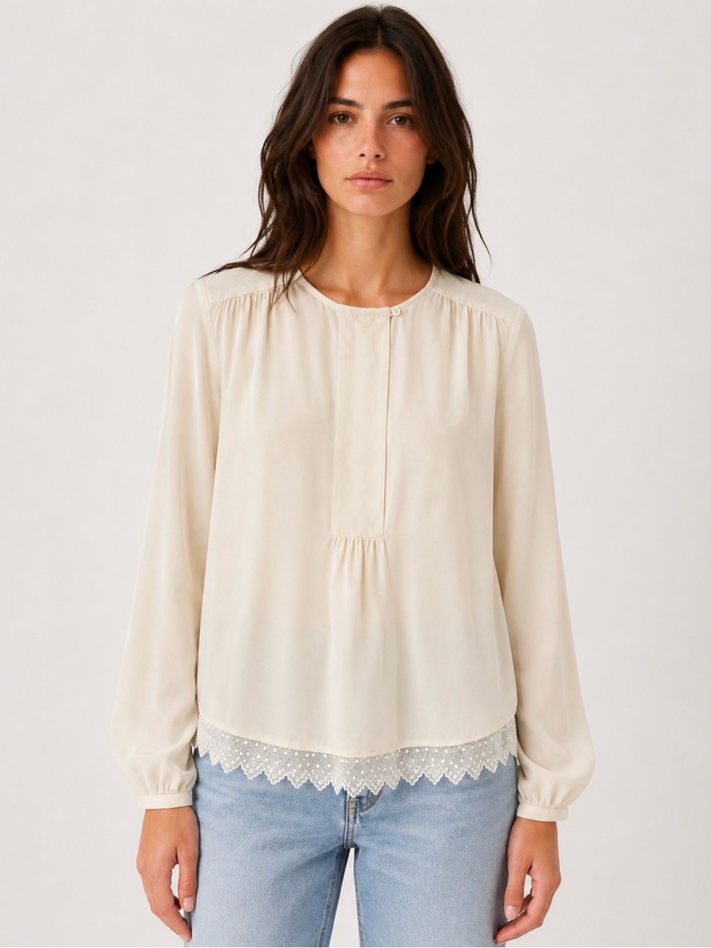 Zadig & Voltaire Tranci Cream Silk Lace Hem Blouse Medium French Romantic Top
